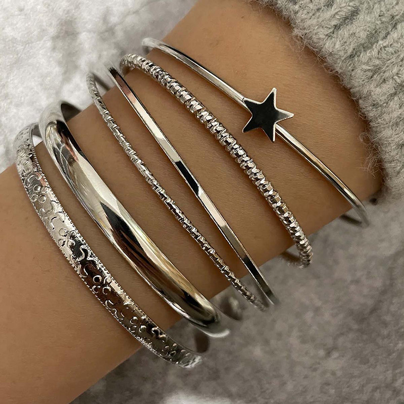 Conjunto De Pulseira De Prata Minimalista Vintage De 6 Peças-Aberta De Estrela De Metal Aj...