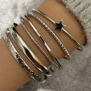 Conjunto De Pulseira De Prata Minimalista Vintage De 6 Peças-Aberta De Estrela De Metal A…