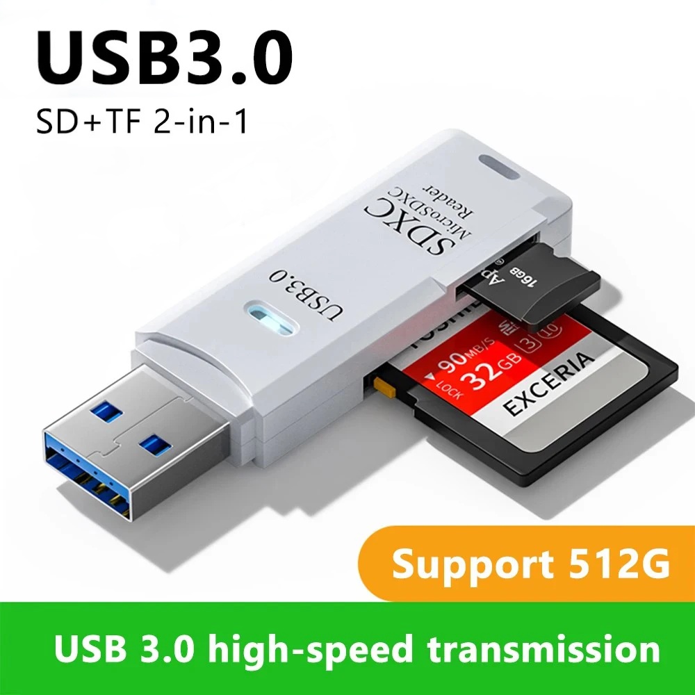 Novo leitor de cartão SD 2 em 1, adaptador USB 3.0 para cartão de memória TF para PC e laptop, acessórios inteligentes