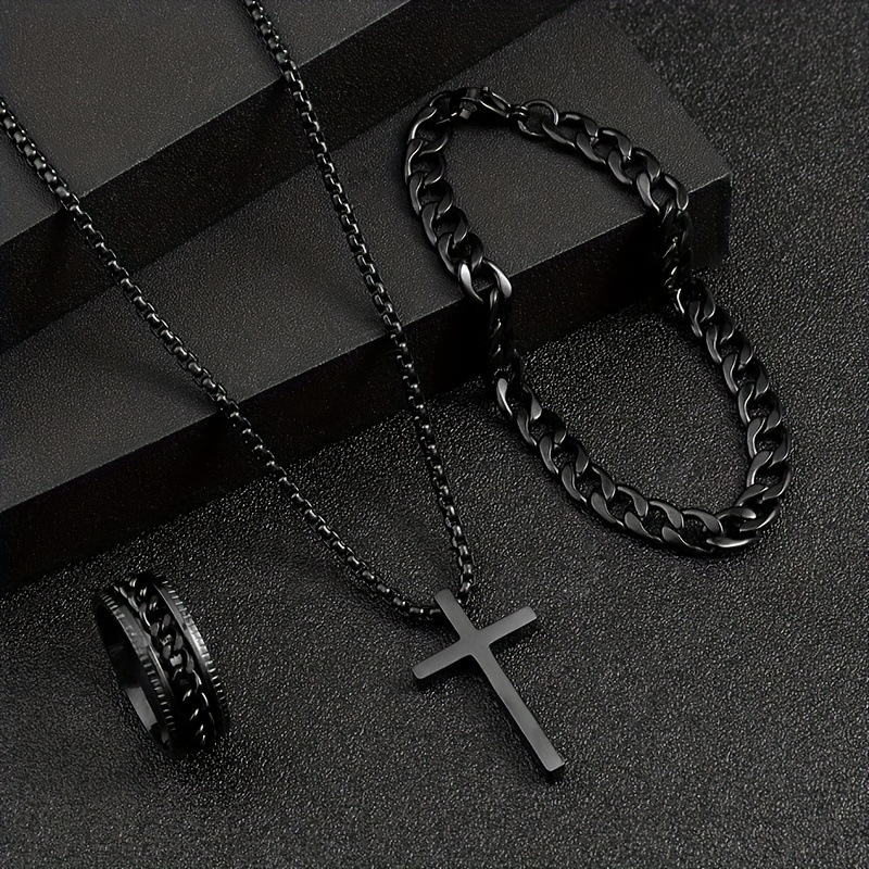 Cruz Pingente Colar Pulseira Anel Conjunto Gótico 3 Pçs Titânio Aço Cubana Corrente Hip Hop Presente