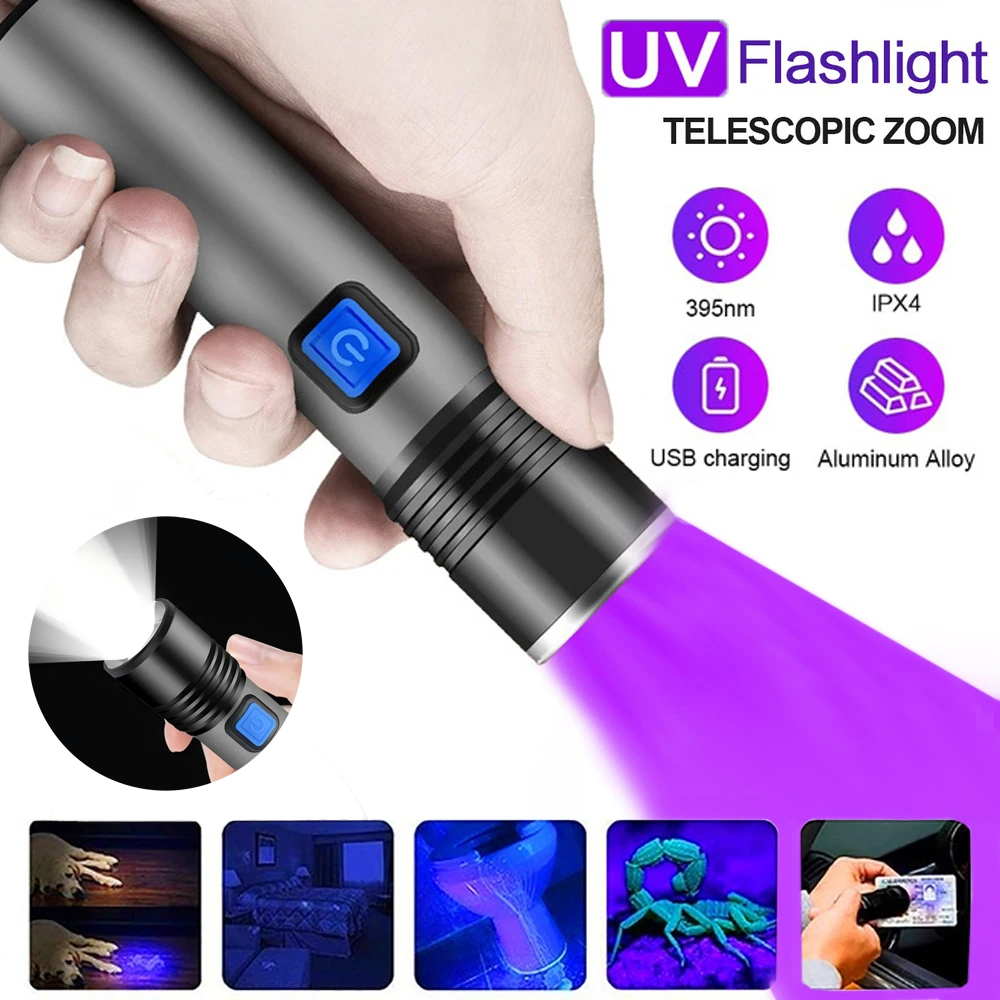 Nova Lanterna UV de 365nm Ajustável, Luz Negra Ultravioleta para Detecção de Urina de Animais e Iluminação de Cuidado.