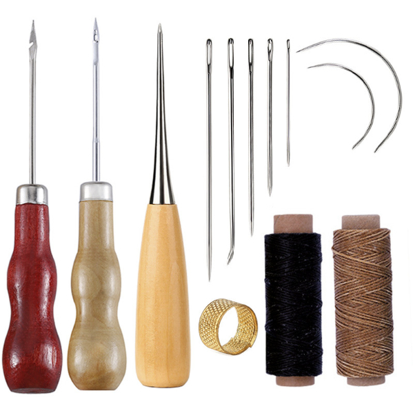13 Peças Conjunto de Costura de Couro para Bolsas e Sapatos - Kit de Reparo Manual em Couro com Agulha de Costura Awl,