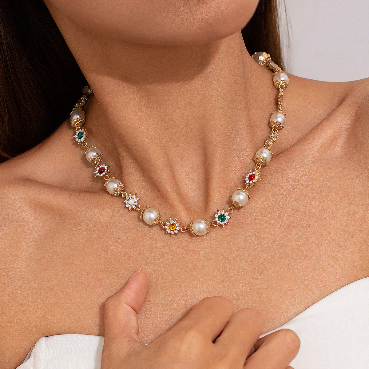 Colar Vintage De Imitação De Pérolas Com Contas Para Mulheres , Strass Colorido , Garganti...