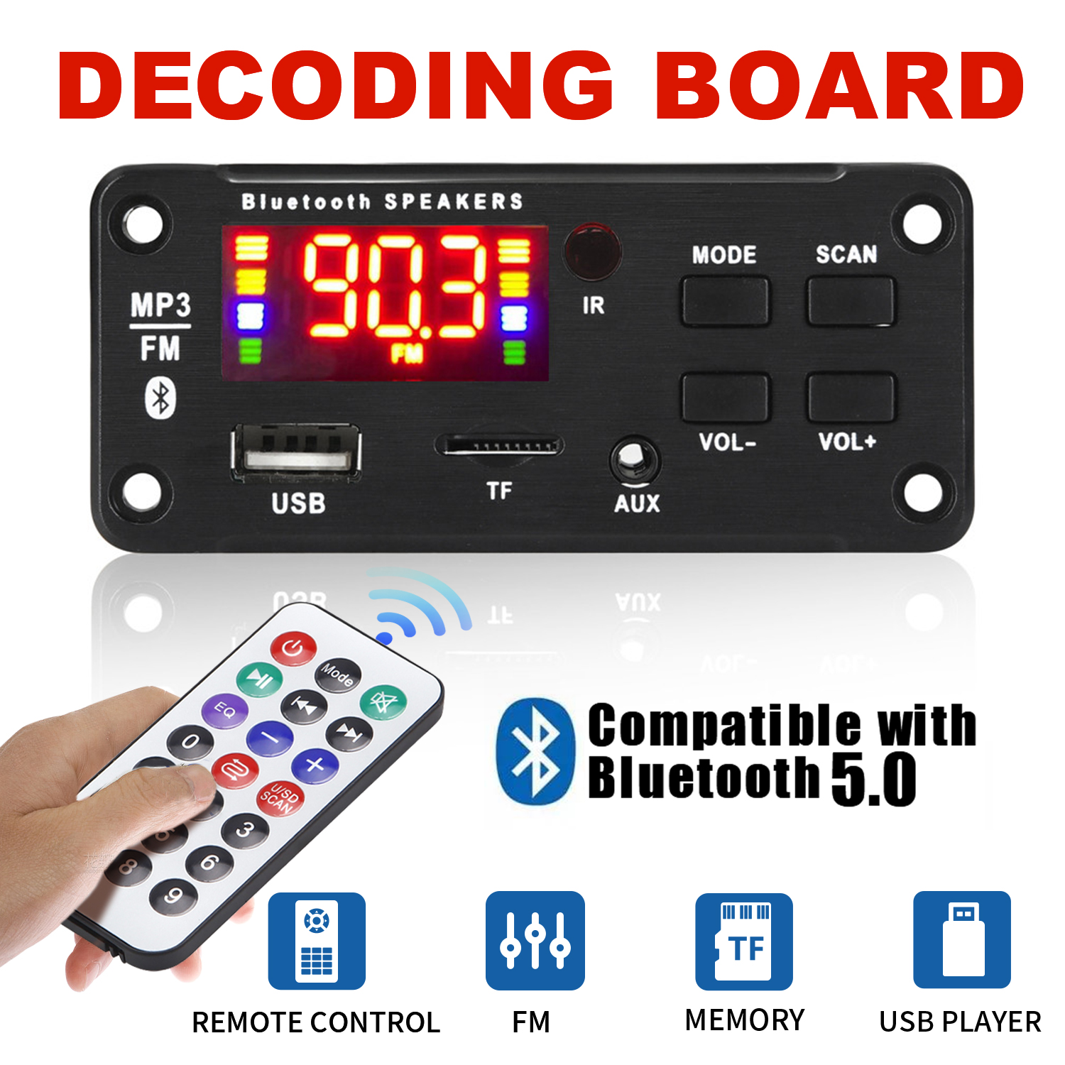 [Shopee Choice] DC 12V Sem Fio Bluetooth 5.0 Placa mp3 Módulo De Áudio Estéreo HiFi USB TF Rádio mp3 player Para Gravaçã