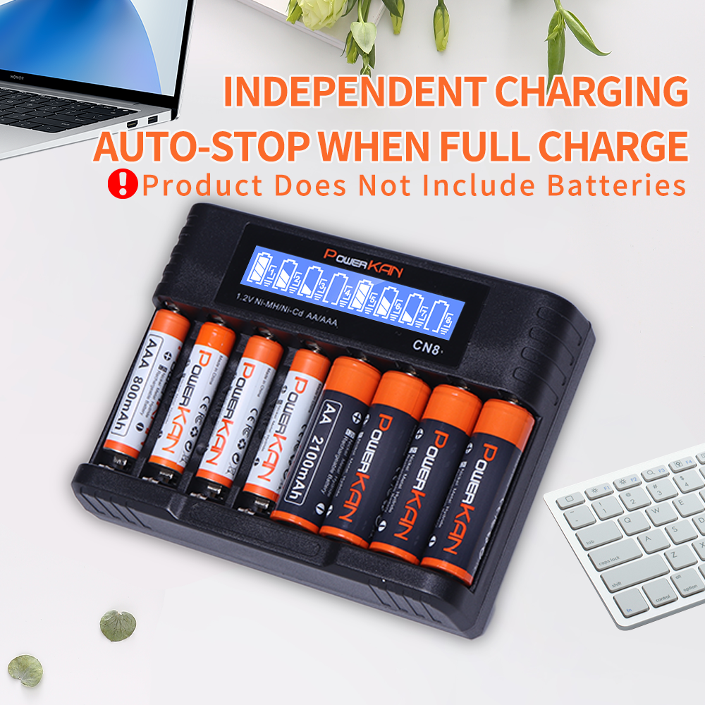 Carregador de Baterias New New PowerKAN CN8, 500mA*8 Slots, Carregamento Rápido e Entrada USB-C, Carregador LCD para