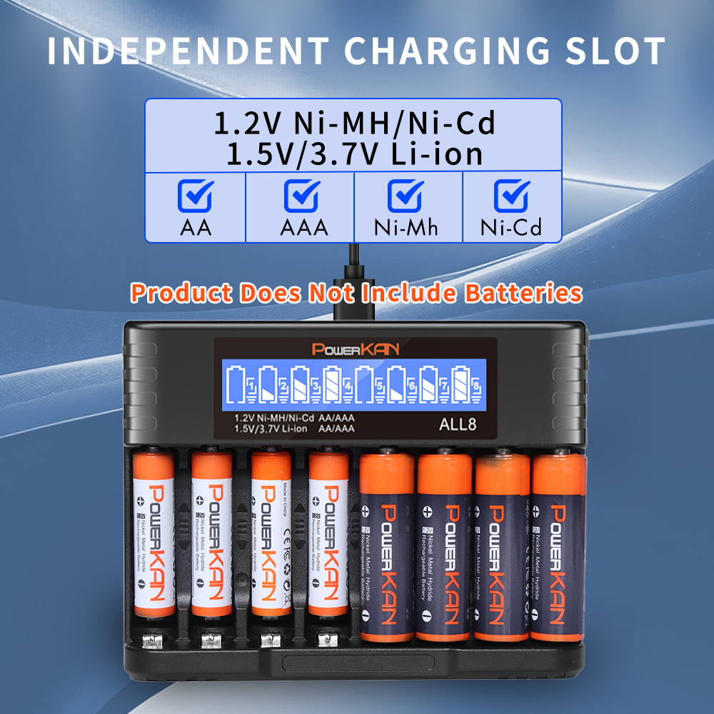 Carregador PowerKAN AA AAA , Carregamento Independente De Alta Velocidade De 8 Slots , Adequado Para Baterias NiMH 1.5V/