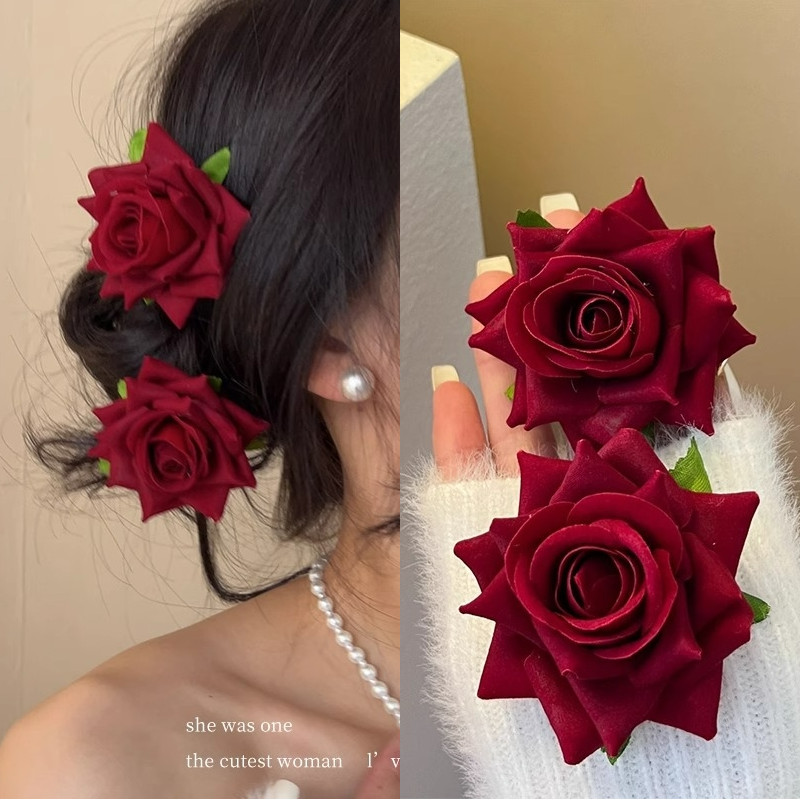 Grampo De Cabelo Elegante Rosa Vermelha – Alfinete Lateral Coreano Para Mulheres E Meninas , Acessório Romântico