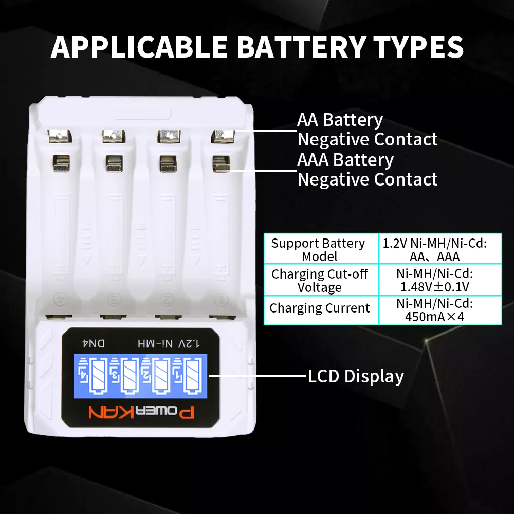 Carregador De Bateria POWERKAN DN4 Com Display De Carregamento LCD Para 4 Baterias NiMH/Cd AA AAA De 1.2V , Cabo USB Tip