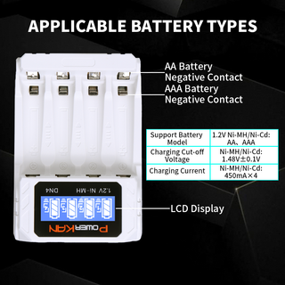Carregador De Bateria POWERKAN DN4 Com Display De Carregamento LCD Para 4 Baterias NiMH/Cd AA AAA De 1.2V , Cabo USB Tip