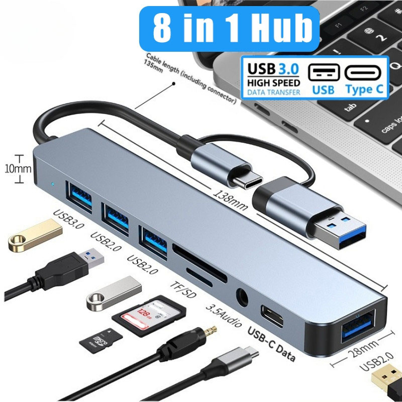USB C HUB 8 Em 1 Tipo-Docking Station Para Leitor De Cartão SD TF Adaptador De Áudio De 3.5 Mm Divisor Multiporta Laptop