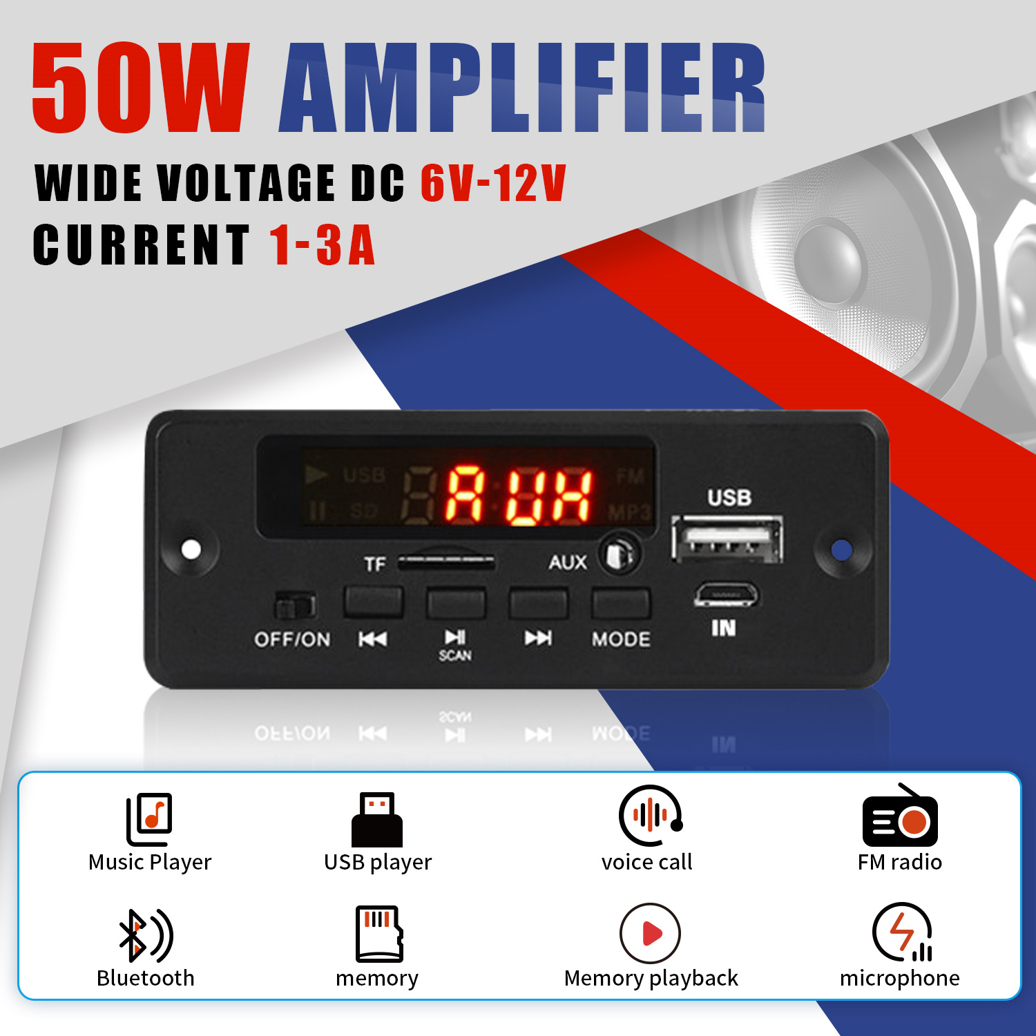 Amplificador DC 12V 50W com Bluetooth 5.0, Placa de Player MP3, Rádio FM, TF, USB e Módulo Receptor AUX 3.5mm.