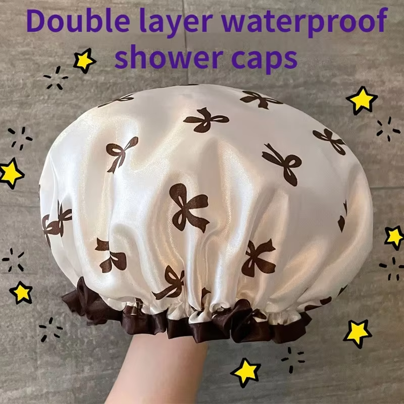 Double Camada Chuveiro, Boné Estampado, Touca de Banho Impermeável e Reutilizável para Mulheres, Salão de Beleza e Spa