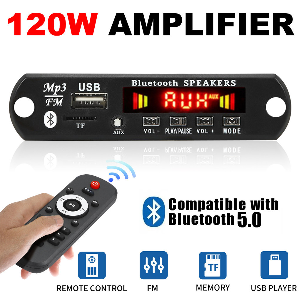 Amplificador de 120W Bluetooth 5.0, placa MP3 WMA WAV, player MP3 para carro, módulo de rádio FM de 12V com controle