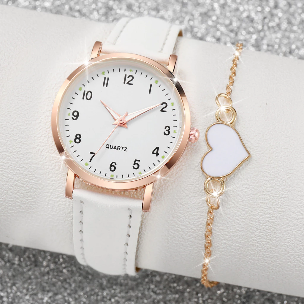 Conjunto Elegante De Relógio Feminino E Pulseira De Coração Com 2 Peças-Quartzo Mostrador Árabe Couro — imagem 1