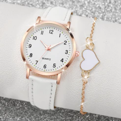 Conjunto Elegante De Relógio Feminino E Pulseira De Coração Com 2 Peças-Quartzo Mostrador Árabe Couro
