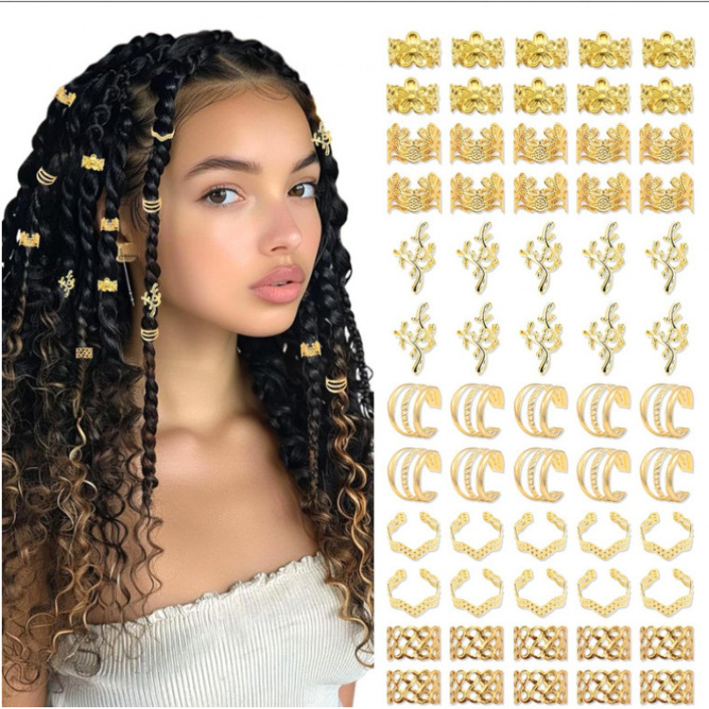 Conjunto De Anéis De Cabelo 60 Peças Para Tranças Ouro Prata Dreadlock Acessórios De Extensão