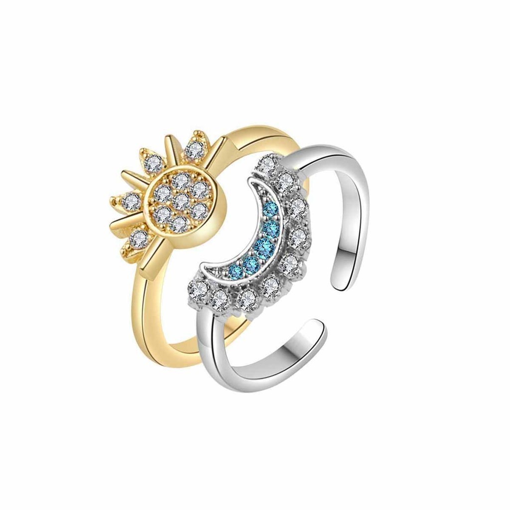 Conjunto De Anéis De Empilhamento De Sol E Lua Para Mulheres , Design Aberto Ajustável Com Detalhes De Cristal