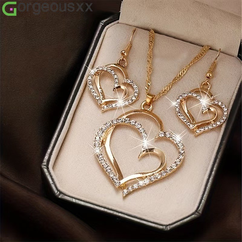 Pérola Duplo Coração Pingente Colar Pulseira Brincos Conjunto Jóias Femininas