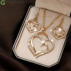 Pérola Duplo Coração Pingente Colar Pulseira Brincos Conjunto Jóias Femininas