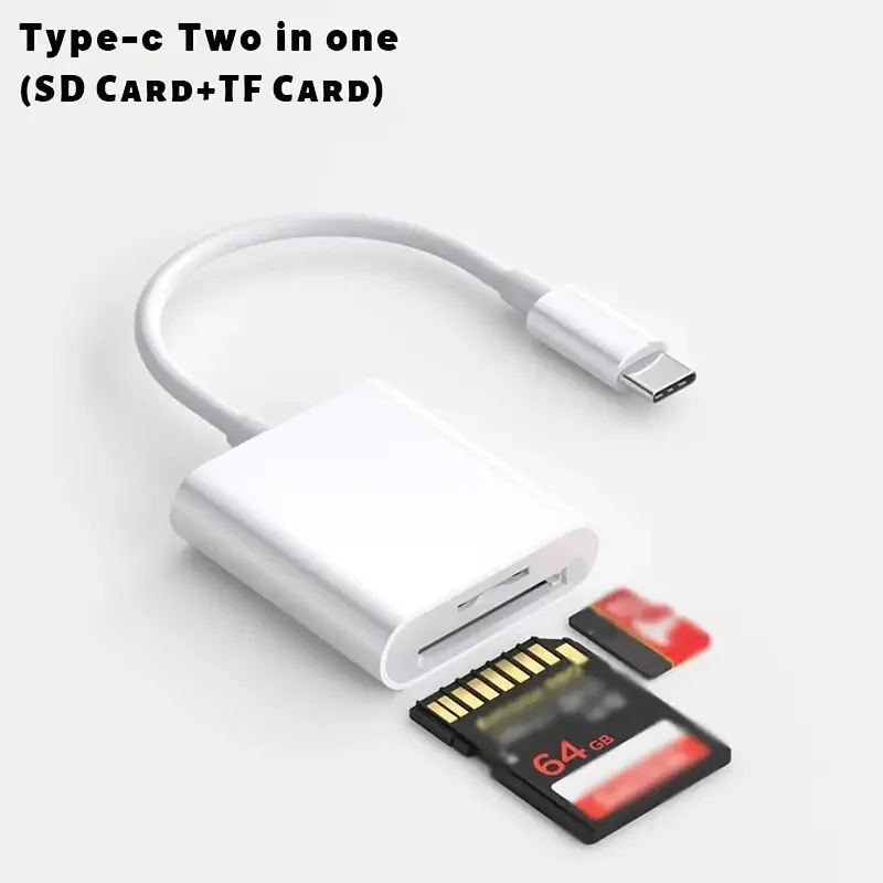 Leitor de cartão móvel 2-em-1 Tipo-C conectado ao adaptador USB para cartão de memória SD TF OTG.