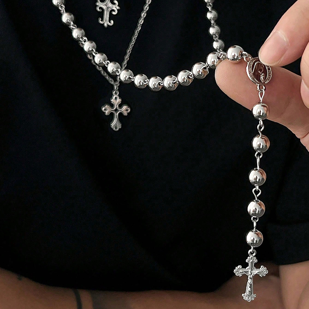 3 peças colar de cruz multicamadas, colar para mulheres estilo retrô moda longa Y hip-hop minimalista corrente de