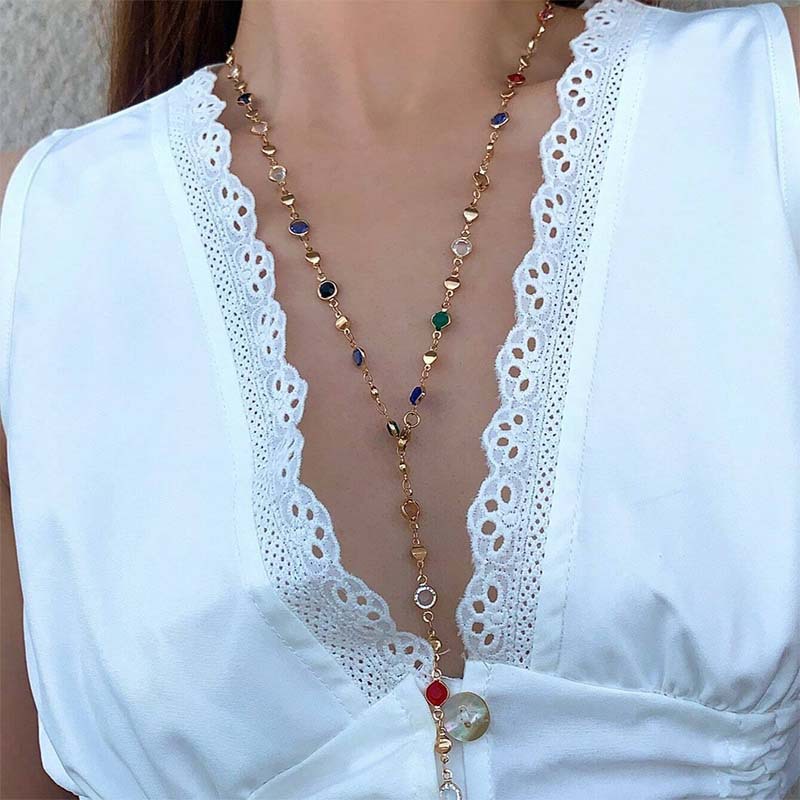 Colar longo boho com zircônia dourada para mulheres e meninas, corrente choker de diamante colorido brilhante, joia