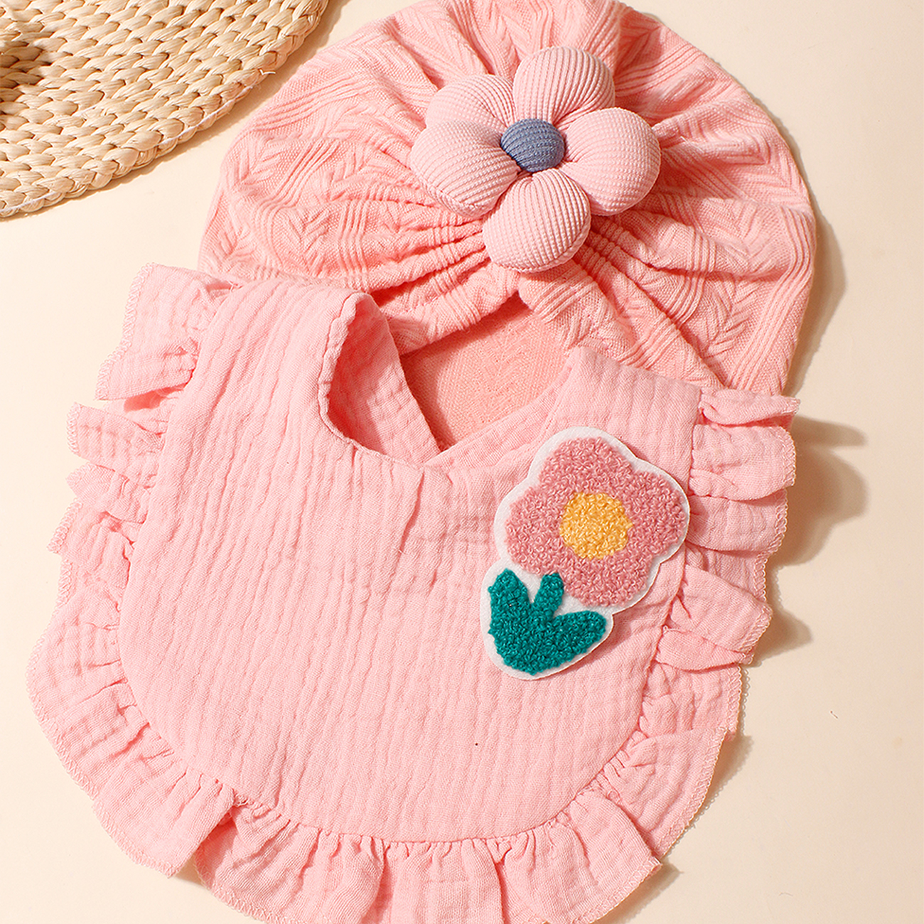 Conjunto De Babador De Chapéu Floral Para Bebê Recém-Nascido , Boné Macio Presente De Banho Infantil