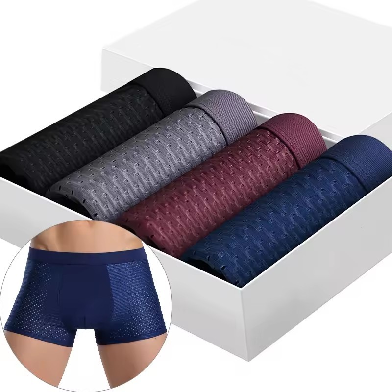 4 Peças De Shorts Boxer Masculinos De Seda Gelada – Cor Sólida , Respirável E Confortável Para O Verão