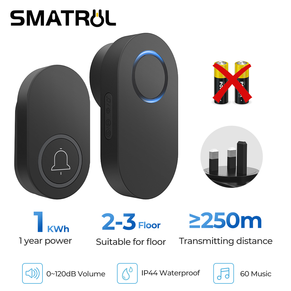 SMATRUL UK Tomada Campainha Sem Fio sem Bateria 60 Toques 4 Níveis de Volume IP44 à Prova d'Água com Alcance Superior a