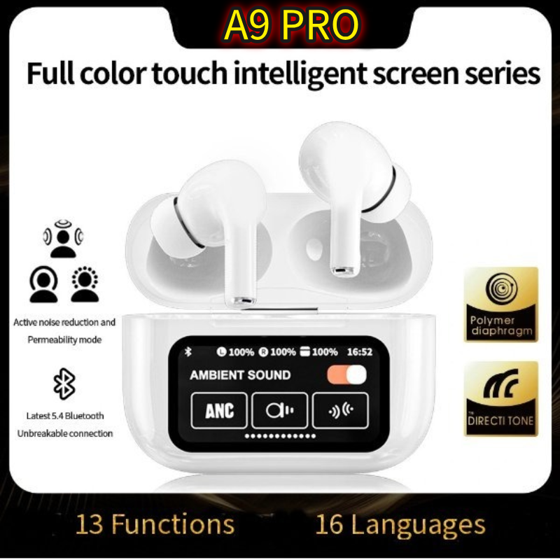 Fones de Ouvido A9 Pro Tws Bluetooth Sem Fio com Anc, Enc, Tela Sensível Ao Toque, Cancelamento de Ruído e Som estéreo