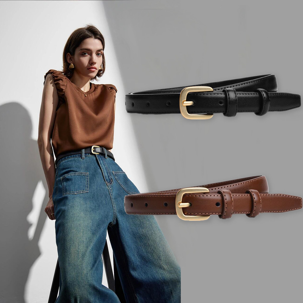 Cinto De Couro Feminino Coreano – Fino Preto Com Fivela De Pino De Liga Para Uso Diário