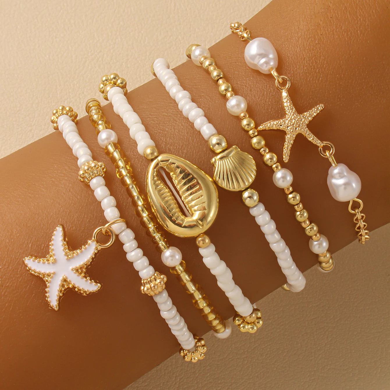 Conjunto De Pulseiras Requintadas De Estrela Do Mar E Contas De Concha , 6 Peças – Joias De Praia De Verão Multicamadas — imagem 1