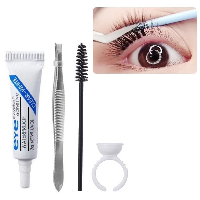  Conjunto de Extensão de Cílios Falsos de 4 Peças para Iniciantes, Kit de Cílios Postiços, Copo de Cola, Pincel para