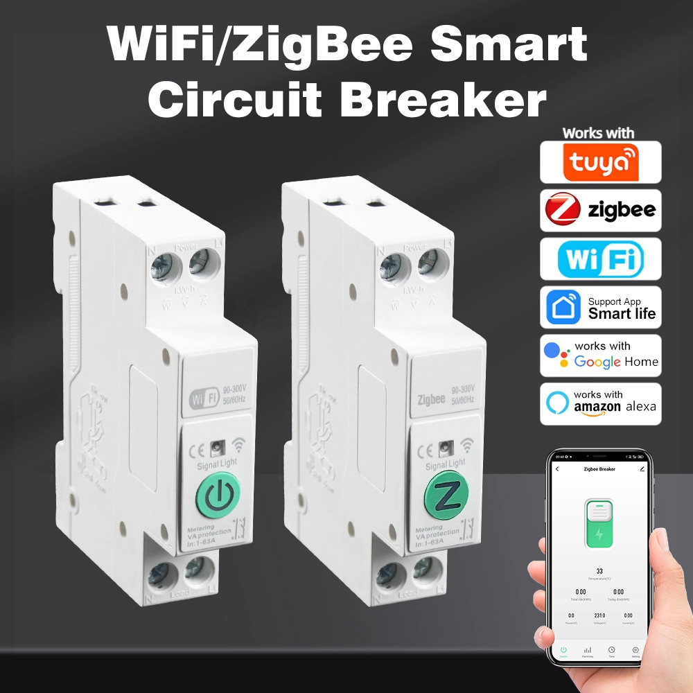 Trabalhe Com Tuya WiFi/Zigbee 1A-63A Disjuntor Ajustável Inteligente Interruptor De Trilho Din Medição Para Alexa Google