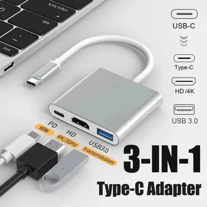 Cabo USB C Para HDMI Conversor 4K 3 Em 1 Adaptador HDTV Celular