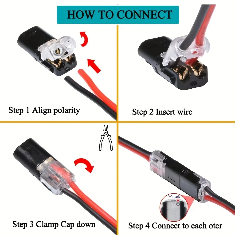 Conectores de Fiação de Rápido Empalme 2 Pinos 2 Vias, Terminais Plug-in de Dois Fios, Contato de Cobre, Sem Necessidade