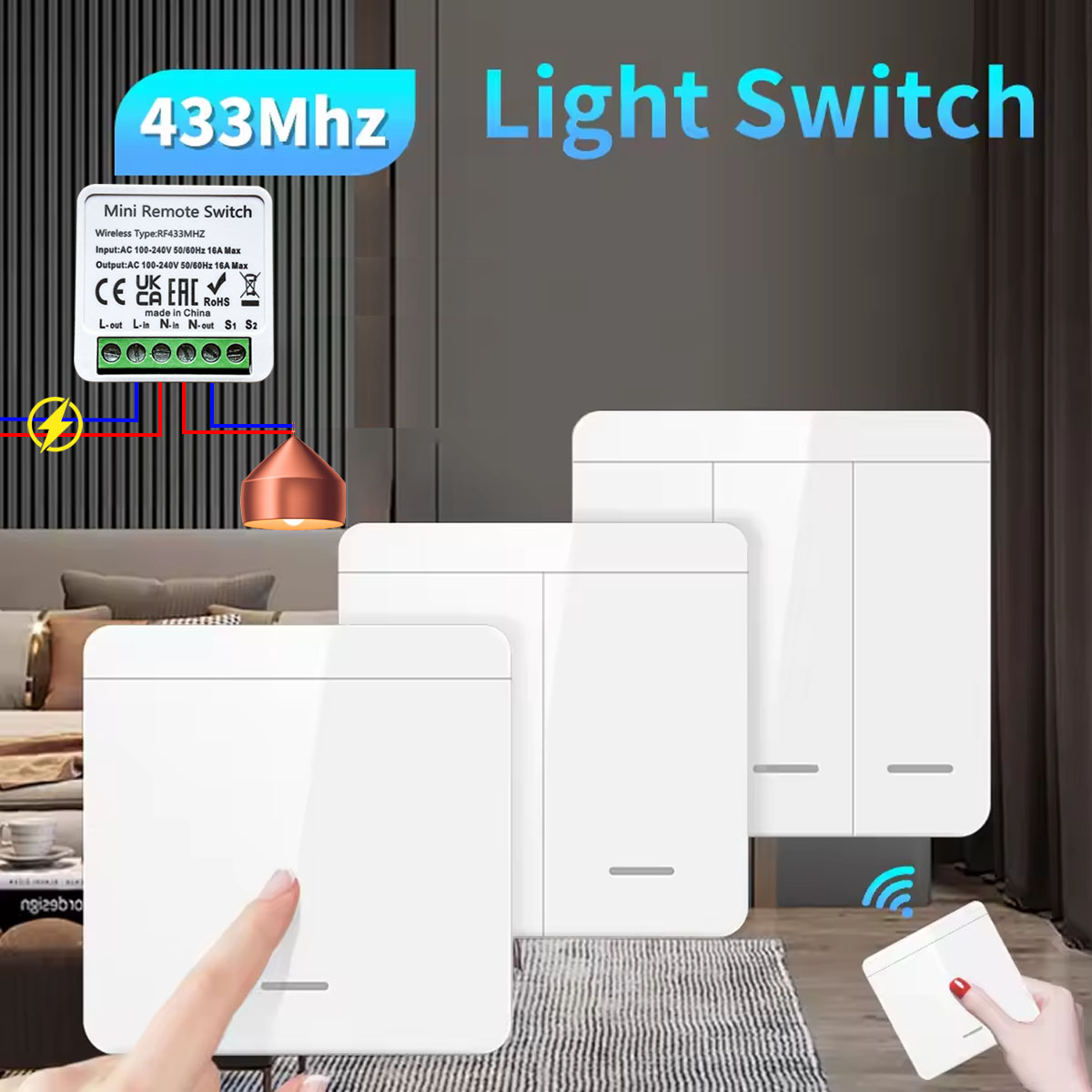 Conjunto Transmissor de Parede Smart RF 433MHz e Receptor de Relé 1/2/3 Gangues Controle 2 Vias