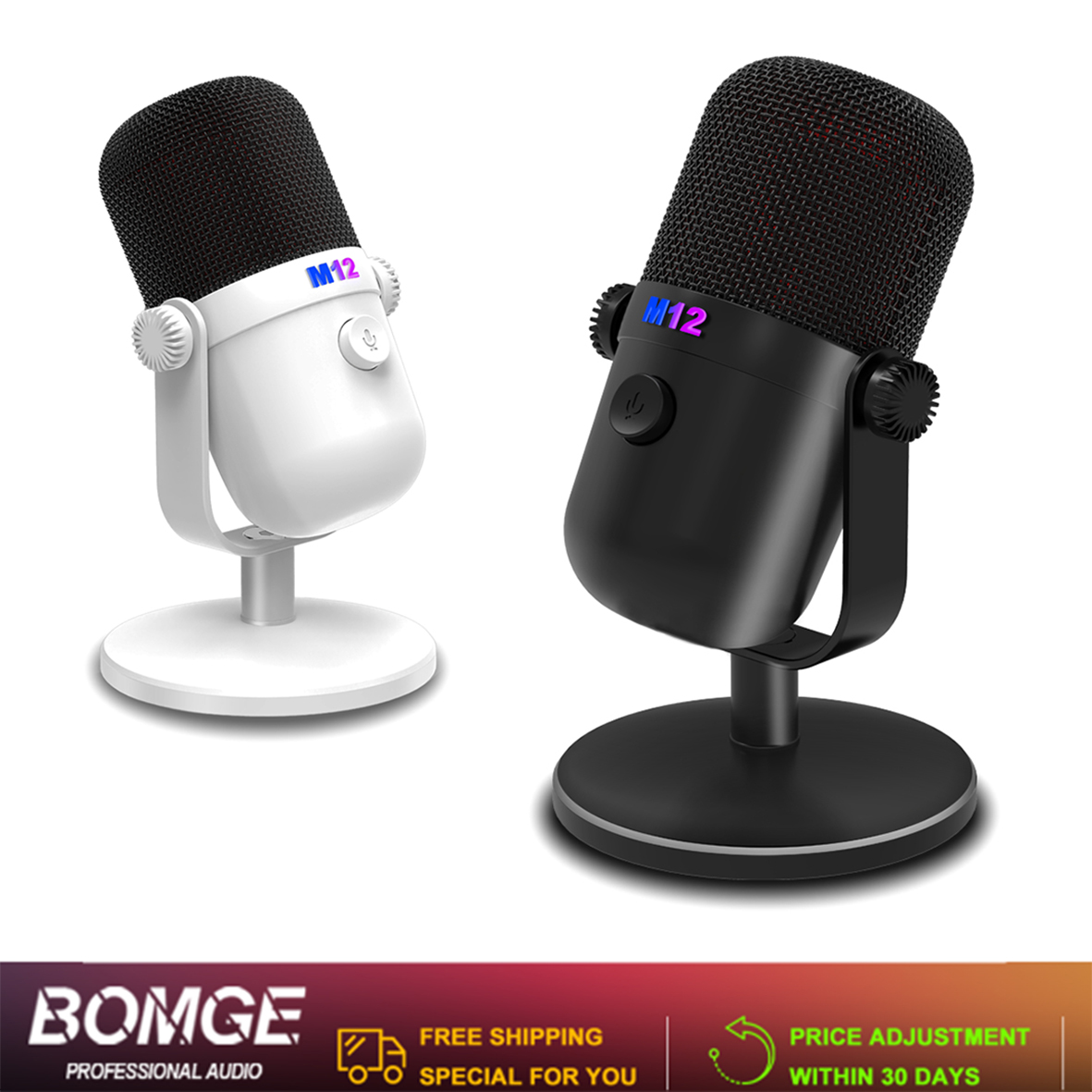 BOMGE M12 Microfone Condensador USB com Luz RGB para Jogos, Gravação e Transmissão em PC
