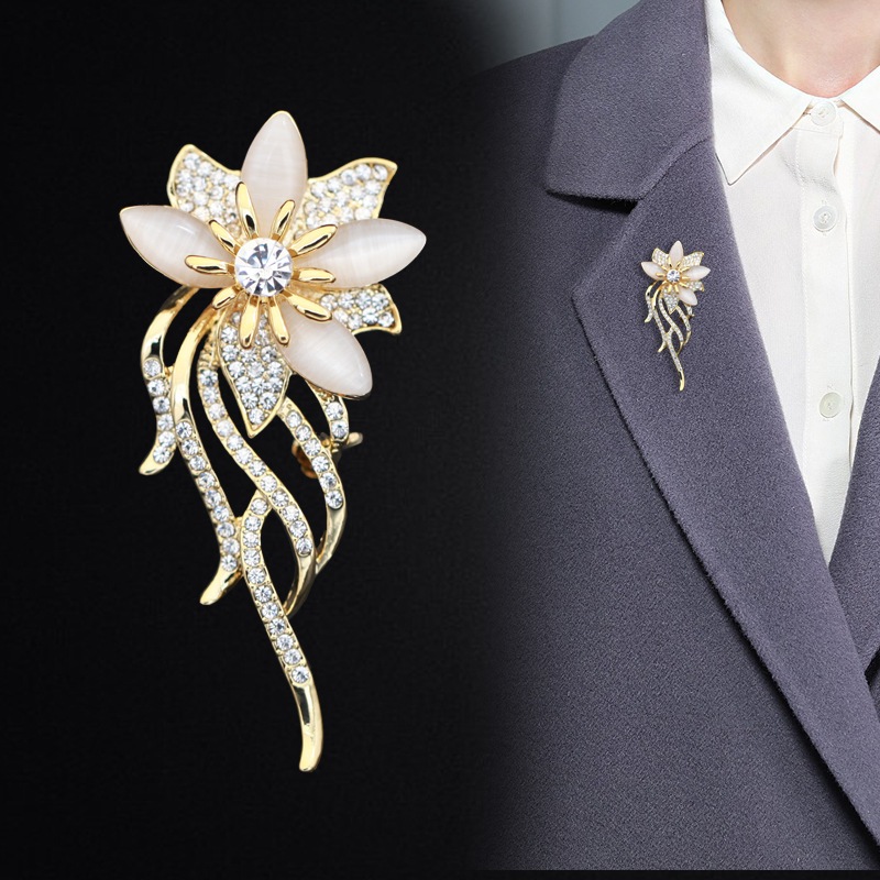 Broche de orquídea vintage com pedras preciosas, broche de olho de gato, broche de flor de bico de papagaio para