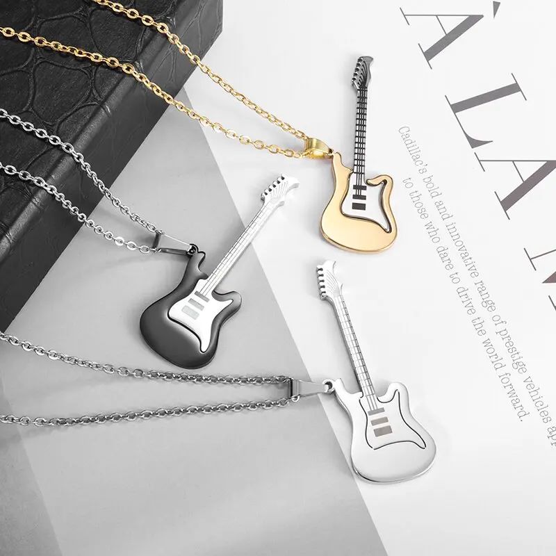 Colar de Baixo de Guitarra Elétrico Rock de Aço Inoxidável Colar de Baixo de Guitarra Homens Moda Mulher Jóias em Cadeia Jóias de Natal