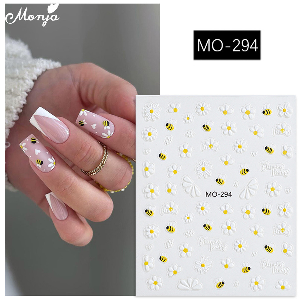 Monja 3D Em Relevo Flor Amarela Abelha Adesivos De Unhas Alívio Autoadesivo Decoração De Manicure DIY