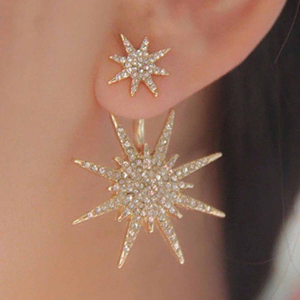 1 europeu americano moda novo estilo brincos cravejados de diamantes pendurados nas costas brincos de floco de neve aces em Oferta na Shopee