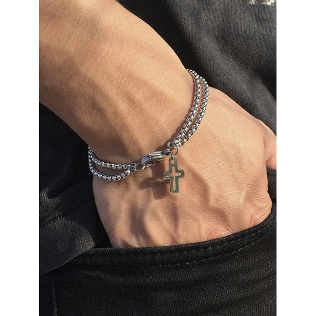 Pulseira Masculina De Corrente De Camada Dupla Em Liga Com Pingente Cruzado E Fecho De Garra