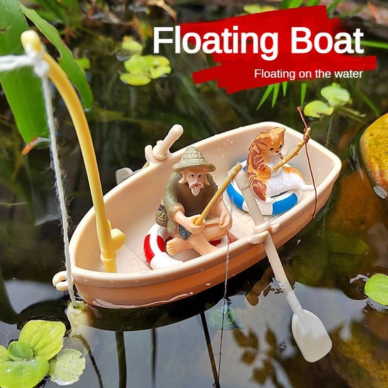 Conjunto Miniatura de Barco - Anéis de Natação, Barco de Pesca e Gato, Modelo Flutuante de Paisagismo para Aquário,