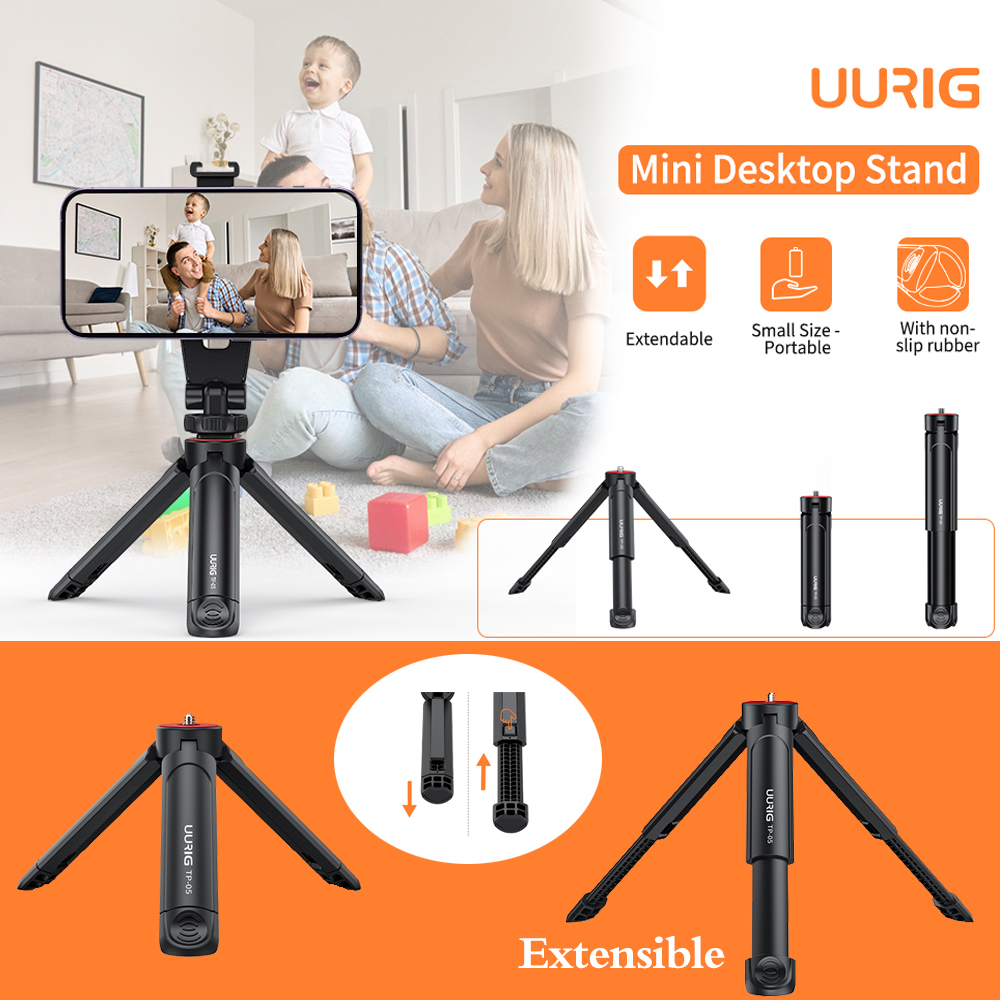 Novo UURIG TP05 Tripé Mini Extensível, Suporte para Câmera Portátil com Alça de Selfie, Tripé para Webcam de Mesa com