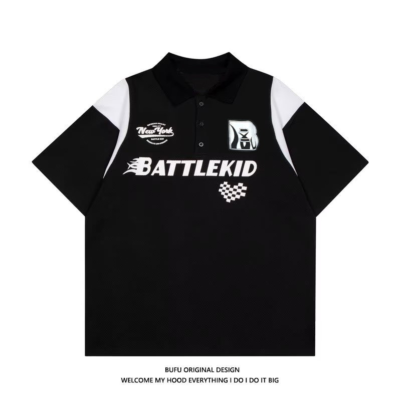 Retro Popular Camiseta de manga curta POLO Camiseta Lapela Niche ins Design Hong Kong Estilo Casal Top Meia Manga