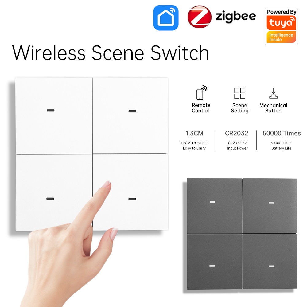 Interruptor de Cena Tuya 4 Botões Inteligente Zigbee Sem Fio, Botão de Pressão, Automação por Bateria