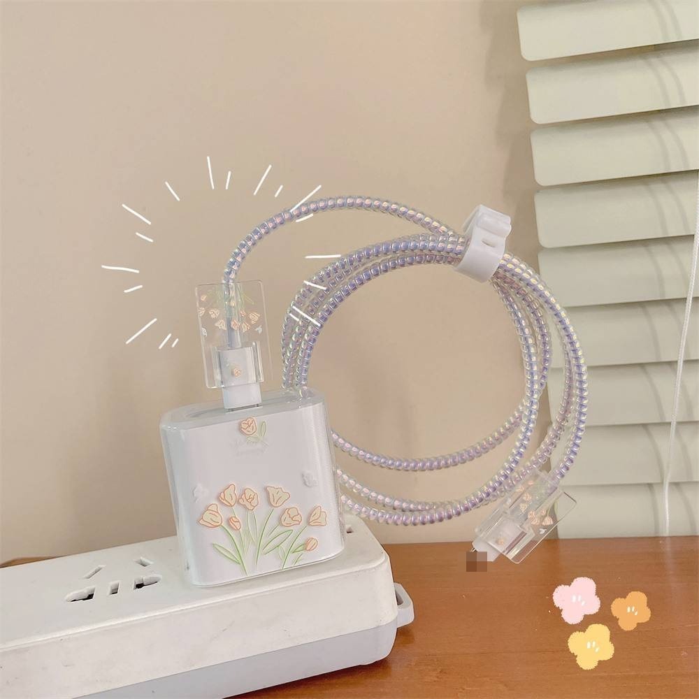 Caso Para Carregador Plug Cabo Primavera Linha Envoltório Protetor De Dados Flores Capa Macia