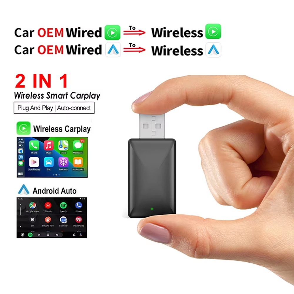 Adaptador Mini Sem Fios 2 em 1 CarPlay & Android Auto para Carros 2025, Adaptador CarPlay Sem Fios, Converte Conexão Com