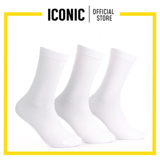 Meia masculina branca básica 3 em 1 Iconic, meias sociais lisas, meias casuais de algodão, meia cano médio unissex em